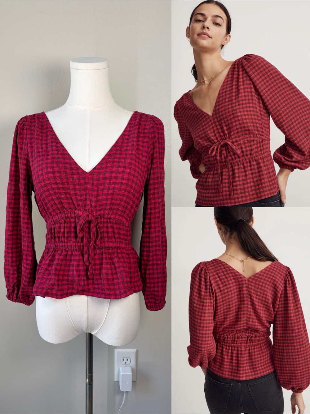 Madewell Crinkled V-Neck Peplum Top Hibiscus Plaid Puff Sleeve Smocked Blouse